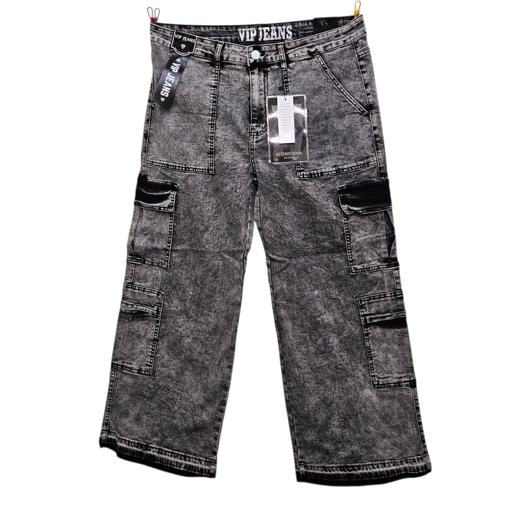 VIP Jeans Cargo Pants Women 18 Grey Acid Wash Wide Leg Sculpting Stretch Utility